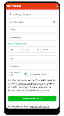 formulário de inscrição no aplicativo móvel betboo para android